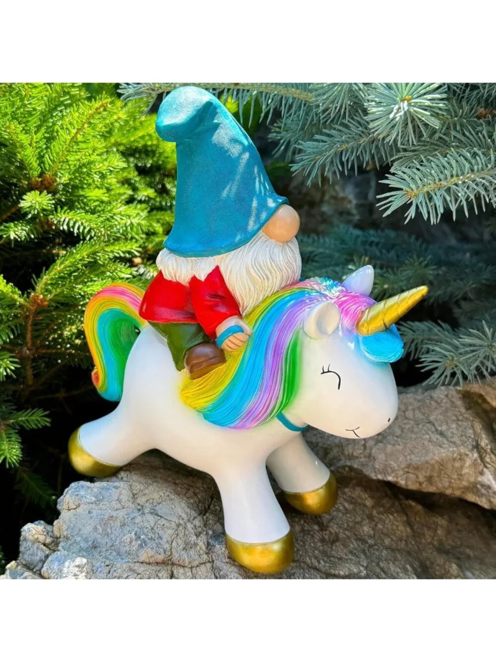 Whimsical Garden Gnome Riding Unicorn Statue - 8.3